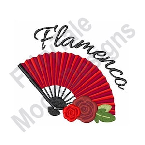 Peut inclure: Un éventail de flamenco rouge et noir avec des roses rouges et des feuilles vertes. Le texte "Flamenco" est écrit en cursive noire.
