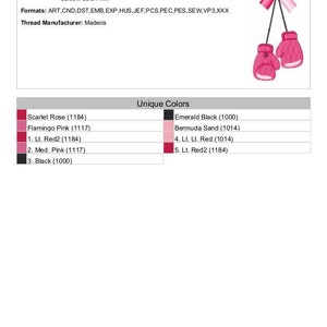 Pode incluir: Design de bordado Cancer Fight com luvas de boxe rosa e uma fita rosa. O design mede 3,50 polegadas por 1,41 polegadas e requer 3.372 pontos. O design est&aacute; dispon&iacute;vel em v&aacute;rios formatos, incluindo ART, CND, DST, EMB, EXP, HUS, JEF, PCS, PEC, PES, SEW, VP3 e XXX. O fabricante do fio &eacute; Madeira.