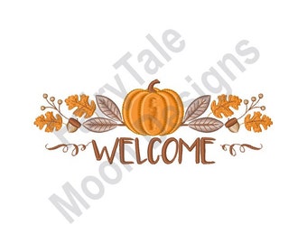 Welcome Fall - Machine Embroidery Design, Thanksgiving Pumpkin Border Embroidery Pattern, Autumn Harvest Design, Fall Leaves Pattern