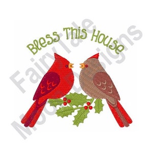 Bless This House - Maschinenstickerei, Weihnachtskardinäle-Stickmuster, Weihnachtsdekoration, Lovebirds-Design, Rote Kardinäle