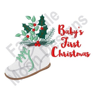 Baby&#39;s First Christmas - Machine Embroidery Design, Christmas Baby Boots Embroidery Pattern, Baby Shoe Design, Infant Child Xmas Gift Design