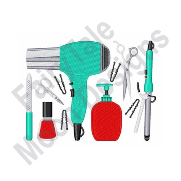 Cosmetology Tools - Machine Embroidery Design, Hair Styling Tools Embroidery Pattern, Nail Polish, Hair Dryer, Curling Iron, Shears, Hairpin