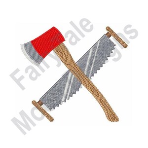 Puede incluir: Un hacha de cabeza roja y una sierra plateada cruzadas una sobre la otra. El hacha tiene un mango de madera y la sierra tiene un mango de madera.