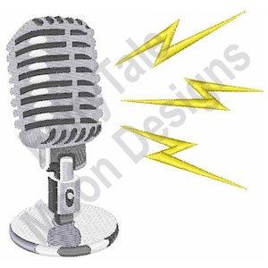 May include: A silver vintage microphone with a black grill and a stand. Yellow lightning bolts are coming out of the microphone.