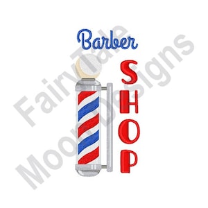 May include: A red, white, and blue barber pole with a silver base and a white ball on top. The word "Barber" is written in blue above the pole, and the word "Shop" is written in red to the right of the pole.
