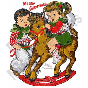 Christmas Cowboy & Cowgirl - Machine Embroidery Design, Rocking Horse Embroidery Design, Riding Cowgirl Design, Xmas Cowboy Children Design