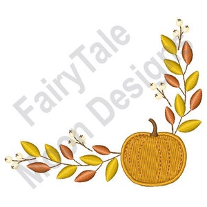 May include: Embroidered design featuring a pumpkin with fall leaves and white berries. The pumpkin is orange and the leaves are yellow and brown.