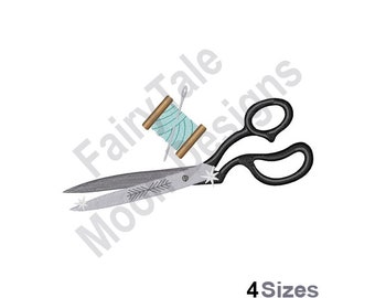 May include: A pair of black scissors with a silver blade and a spool of teal thread with a needle sticking through it.