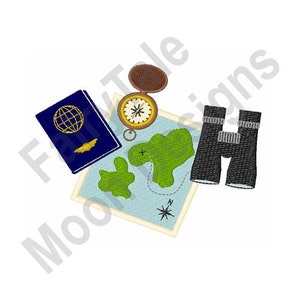 Adventure Map - Maschinenstickerei, Urlaubsdesign, Kompass und Fernglas Stickmuster, Reisepass gestickt