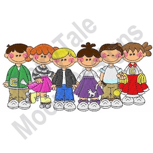 School Kids - Machine Embroidery Design, Children Friends Embroidery Pattern, School Boys & Girls, Pom Pom, Roller Skate Girl Embroidery