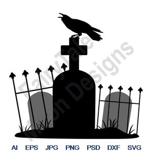Graveyard Crow - Svg, Dxf, Eps, Png, Jpg, Vector Art, Clipart, Cut File, Halloween Night Svg, Cemetery Crow Svg, Burial Ground Svg