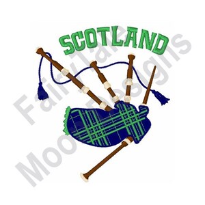 Könnte beinhalten: Ein gesticktes Design einer Dudelsackpfeife mit einem grün-blau-weißen Karomuster. Das Wort "SCOTLAND" befindet sich über der Dudelsackpfeife.