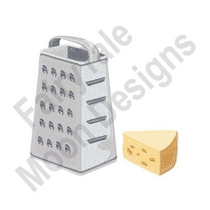 May include: A silver box grater with a handle and a wedge of yellow cheese with holes.