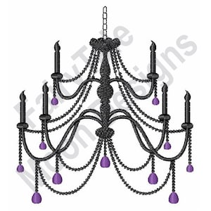 May include: A black chandelier with a crystal design and purple accents. The chandelier has multiple arms with candles and crystal drops.