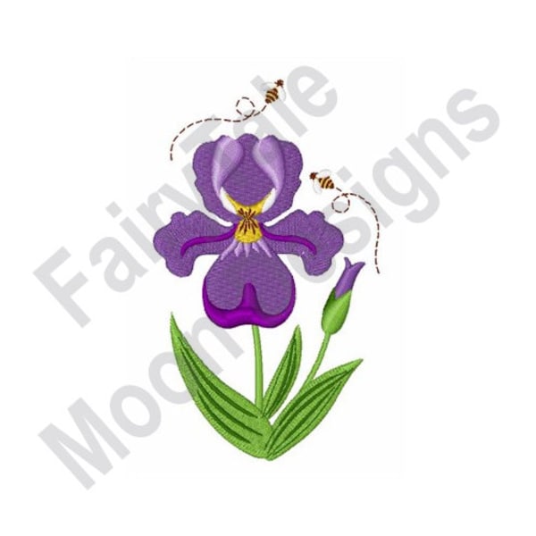 Purple Iris & Bees - Machine Embroidery Design, Northern Blue Flag Iris Flower Embroidery Pattern, Bees on Iris Embroidery Design