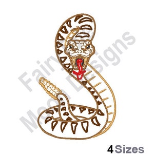 May include: Embroidered design of a brown and white rattlesnake with a red tongue, coiled in a defensive posture. The snake is facing forward with its mouth open.