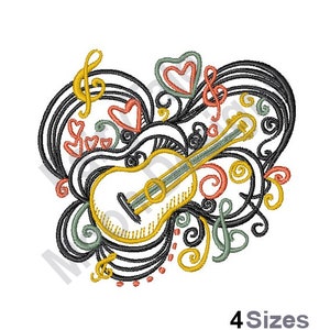 Puede incluir: Una ilustración en blanco y negro de una guitarra con notas musicales y corazones. La guitarra es amarilla, blanca y verde. El fondo es negro con remolinos y líneas.