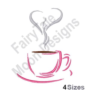 Könnte beinhalten: Eine rosa Kaffeetasse mit braunem Kaffee darin und einem grauen herzförmigen Dampf, der aus der Tasse aufsteigt. Die Tasse steht auf einem rosa Unterteller.