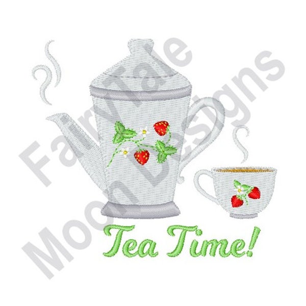 Tea Time - Machine Embroidery Design, Porcelain Teapot Embroidery Pattern, Strawberry Decor Tea Pitcher Design, Hot Tea Cup Embroidery
