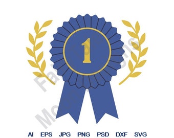 First Place Ribbon - Svg, Dxf, Eps, Png, Jpg, Vector Art, Clipart, Cut File, Blue Ribbon Svg, Laurel Wreath Svg, 1st Place Award  Svg