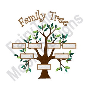 May include: A brown family tree embroidery design with six blank rectangular spaces for names. The tree has green leaves and the text "Family Tree" is written above the tree.