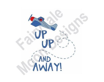 Könnte beinhalten: Blaues Flugzeug mit rotem Propeller, das nach oben und weg fliegt mit dem Text "Up Up And Away!"