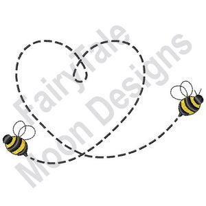 May include: Two cartoon bees flying in a heart shape, with a dashed line showing their flight path.