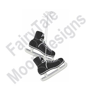 May include: A pair of black ice skates hanging from a white string. The skates have white laces and white blades.