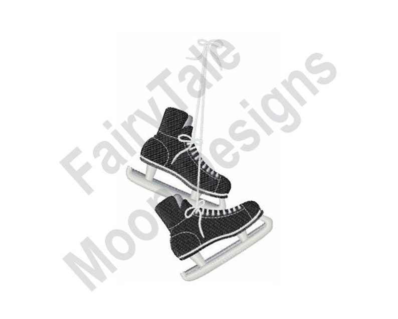 May include: A pair of black ice skates hanging from a white string. The skates have white laces and white blades.