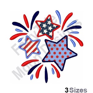 May include: Embroidered design featuring three stars in red, white, and blue, with a firework burst effect. One star has a pattern of white stars on a navy background, another has red and white stripes, and the third has red polka dots.