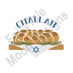 May include: An embroidered design featuring a braided challah loaf, displayed on a wooden surface with sprigs of greenery and a white cloth bearing a Star of David. The word "CHALLAH" is arched above the bread in blue.
