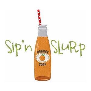 Sip N Slurp - Maskinbroderidesign, broderimönster för orange läskflaska med sugrör