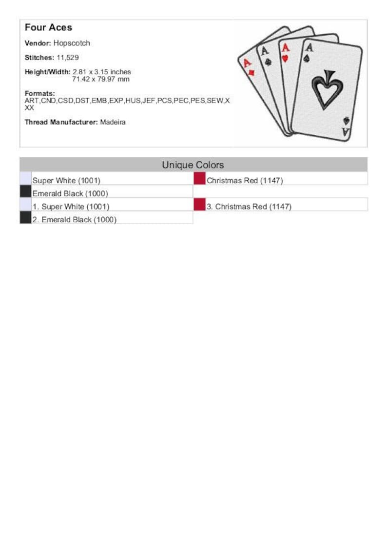 Four Aces Machine Embroidery Design Playing Cards Etsy