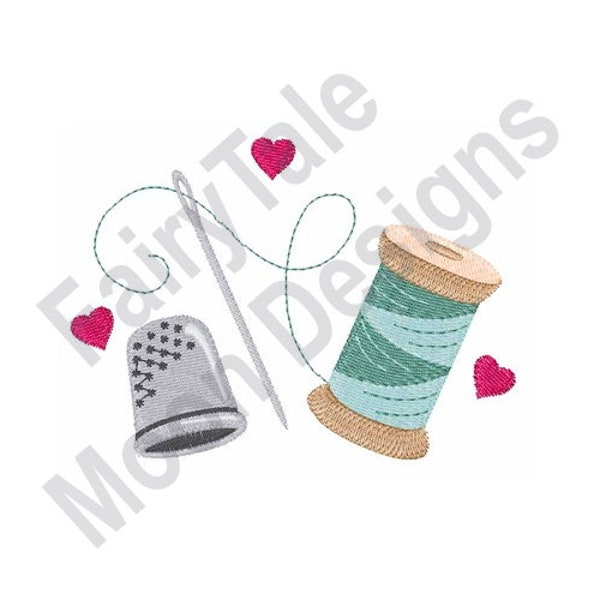 Sewing Notions - Machine Embroidery Design, Thimble and Sewing Thread Spool Embroidery Pattern, Thimble Embroidery, I Love Sewing Design