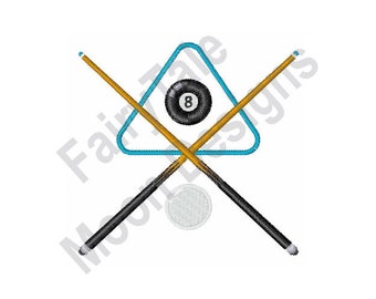 May include: Two crossed pool cues with a blue triangle and a black 8 ball in the center. A white cue ball is below the 8 ball.