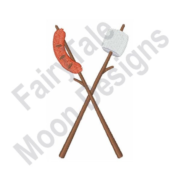 Campfire Treats - Machine Embroidery Design, Crossed Roasting Sticks Embroidery Pattern, Marshmallow Skewer, Hot Dog Roast, Smores Stick