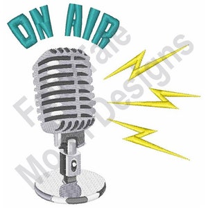 May include: A vintage silver microphone with a teal "ON AIR" sign above it.  Yellow lightning bolts radiate from the microphone.