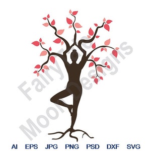 May include: A silhouette of a person in a yoga pose, forming the shape of a tree with pink leaves.
