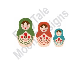May include: Three nesting dolls, also known as Russian nesting dolls, with traditional designs. The largest doll is green, the middle doll is orange, and the smallest doll is blue.