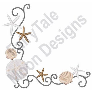 May include: A corner design featuring a gray swirl with white and brown starfish, seashells, and a sand dollar.