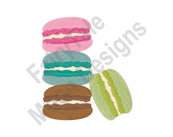 May include: Four colorful macarons stacked on top of each other. The macarons are pink, blue, brown, and green. The macarons have white filling.