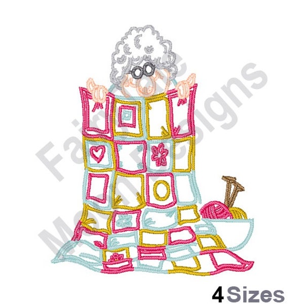 Woman & Quilt - Machine Embroidery Design, Quilting Grandmother Embroidery Pattern, Grandma's Knitting Needles, Yarn Ball Embroidery Design