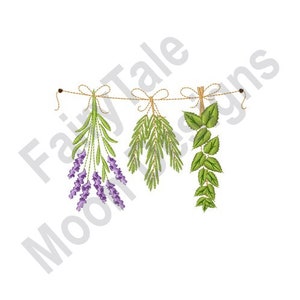 Dried Herbs - Machine Embroidery Design, Clothesline Drying Herbs, Country Garden Herbs Pattern, Lavender, Rosemary, Basil Herbs Embroidery