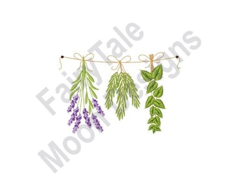 Dried Herbs - Machine Embroidery Design, Clothesline Drying Herbs, Country Garden Herbs Pattern, Lavender, Rosemary, Basil Herbs Embroidery