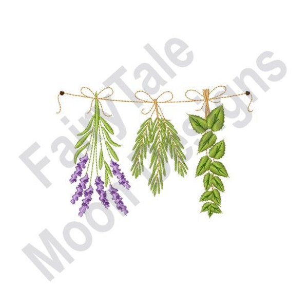 Dried Herbs - Machine Embroidery Design, Clothesline Drying Herbs, Country Garden Herbs Pattern, Lavender, Rosemary, Basil Herbs Embroidery