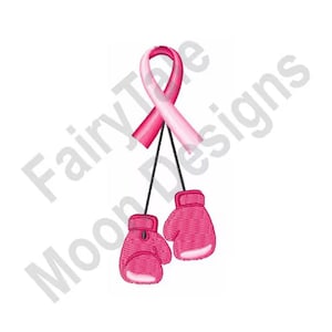 Kankerbestrijding - machineborduurontwerp, bokshandschoenen roze lint borduurpatroon, roze bewustzijnslint, lint borstkanker hoop