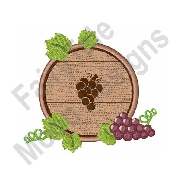 Wine Barrel - Conception de broderie de machine, Motif de broderie de tonneau de vin rouge, Conception de broderie de fût de vin, Conception de broderie de raisins rouges