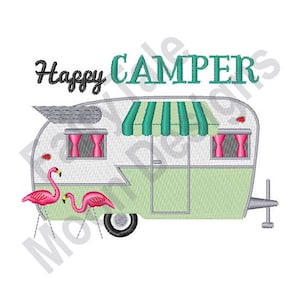 Happy Camper - Machine Embroidery Design, Flamingo RV Trailer Embroidery Pattern, Travel Trailer Design, Camping Recreational Vehicle Design