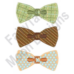 May include: Three embroidered bow ties in different patterns. The top bow tie is green and white plaid, the middle bow tie is brown and tan striped, and the bottom bow tie is tan with blue polka dots.