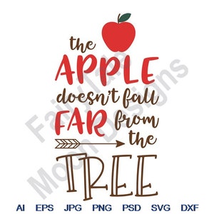 May include: A red apple with a green leaf on top, with the text "the apple doesn't fall far from the tree" in brown lettering with an arrow pointing to the right.